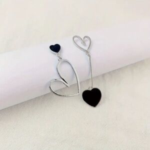 NEW Stainless Silver and Black Asymmetrical Heart Drop Earrings